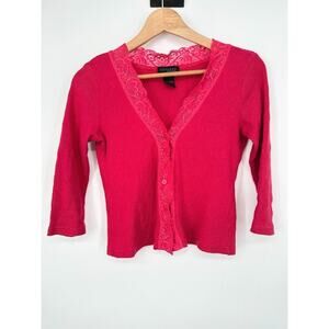 Express Y2K Vintage Pink Crop Lace Button Up Cardigan Sweater Small Tight Fit